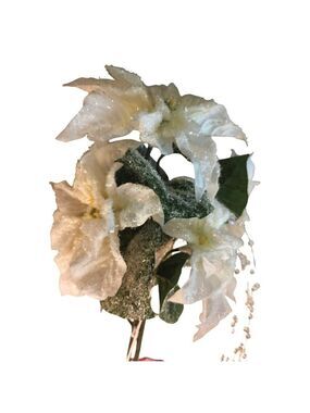 White Glitter Poinsettia Artificial Flowers Crystal Bead Accents 4 Stems